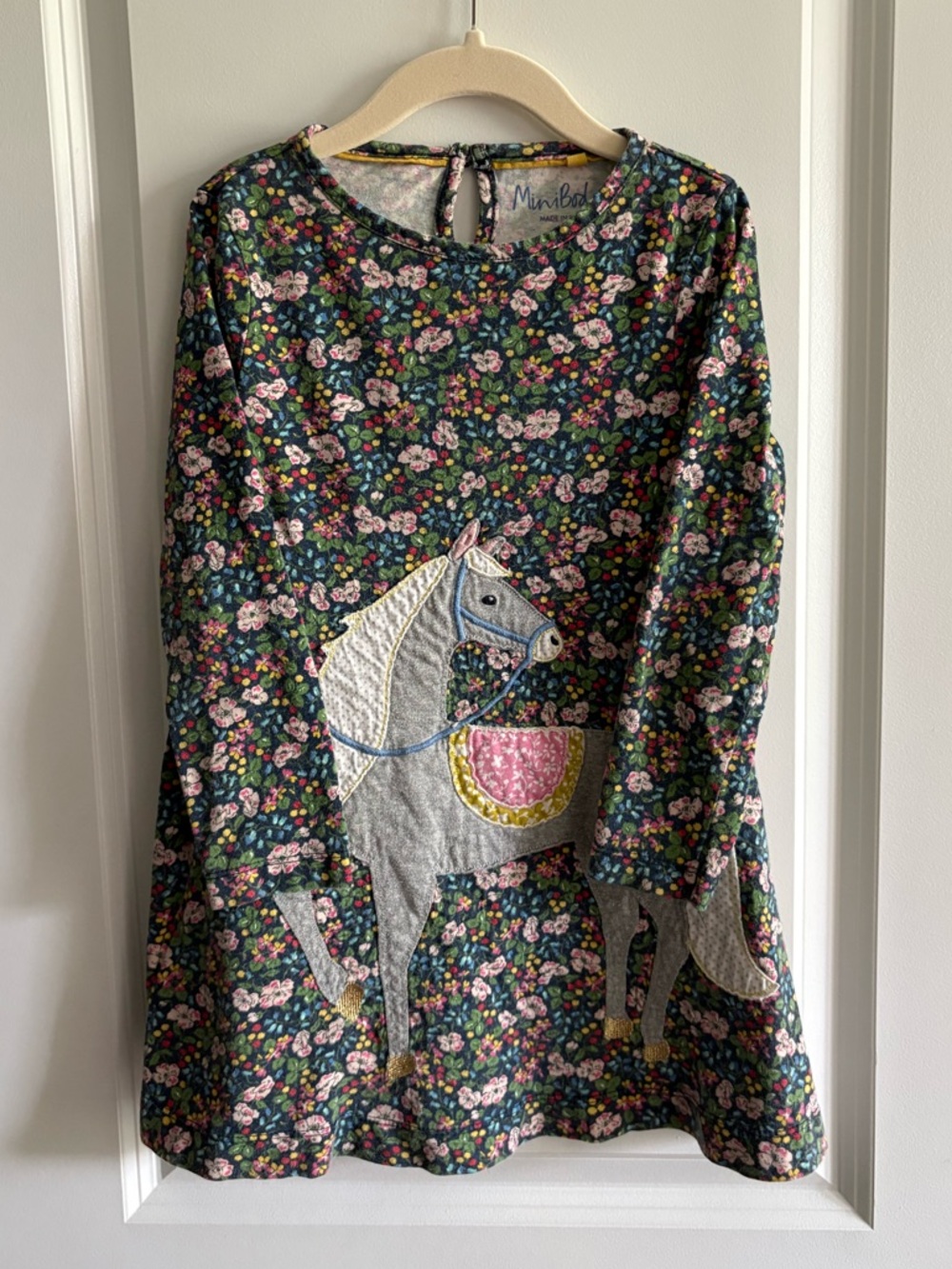 Mini Boden Horse Appliqué Floral Long-Sleeve Dress 4-5yo